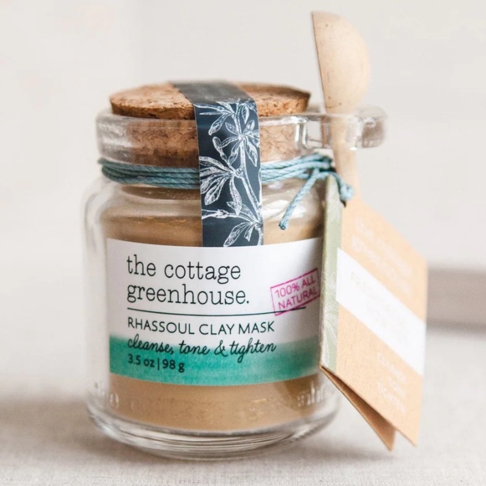 The Cottage Greenhouse Rhassoul Clay Mask in glass jar w/cork lid & wooden scoop